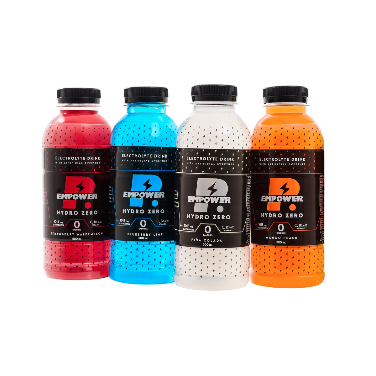 Four bottles of Empower Electrolyte Drink Hydro Zero in different colors: red, blue, white, and orange, arranged side-by-side on a white background.