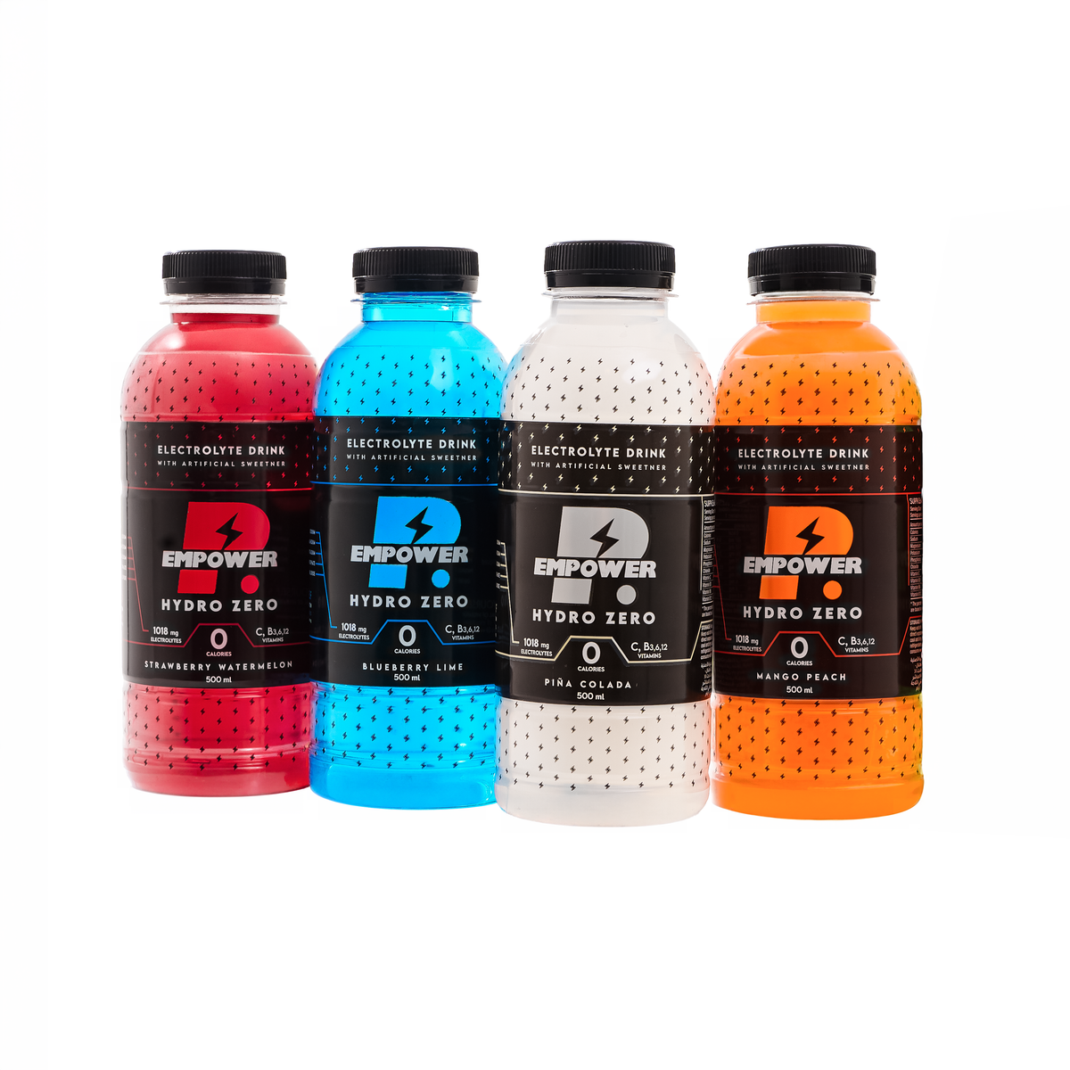 Four bottles of Empower Electrolyte Drink Hydro Zero in different colors: red, blue, white, and orange, arranged side-by-side on a white background.